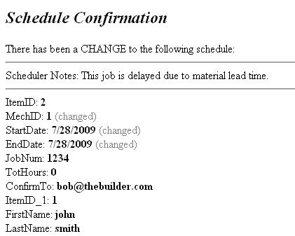 A sample of a schedule confirmation email for a schedule change.